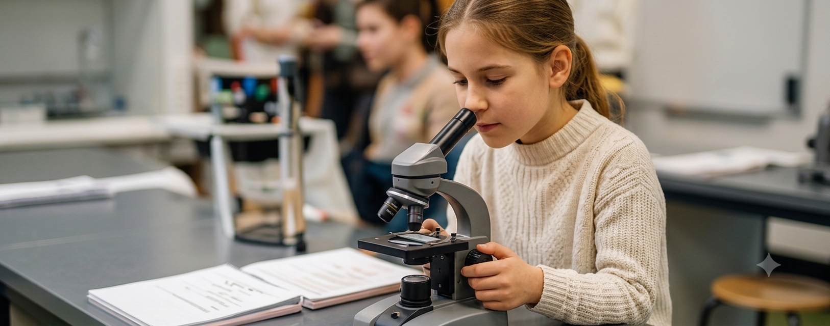 Meisje kijkt door microscoop